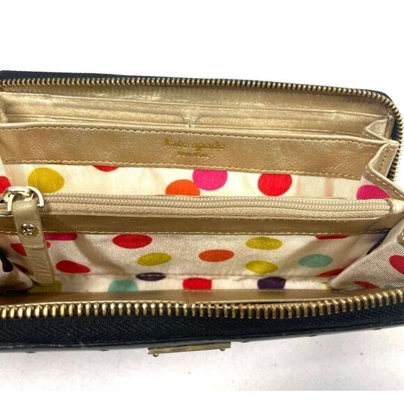 Kate Spade Patent Black Dotted Continental Wallet Zip Around Polka Dot Lining - Picture 3 of 7